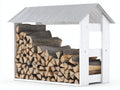 Leñero de exterior de madera 160x70x150 cm - blanco y gris claro - estructura abierta con cubierta a dos aguas