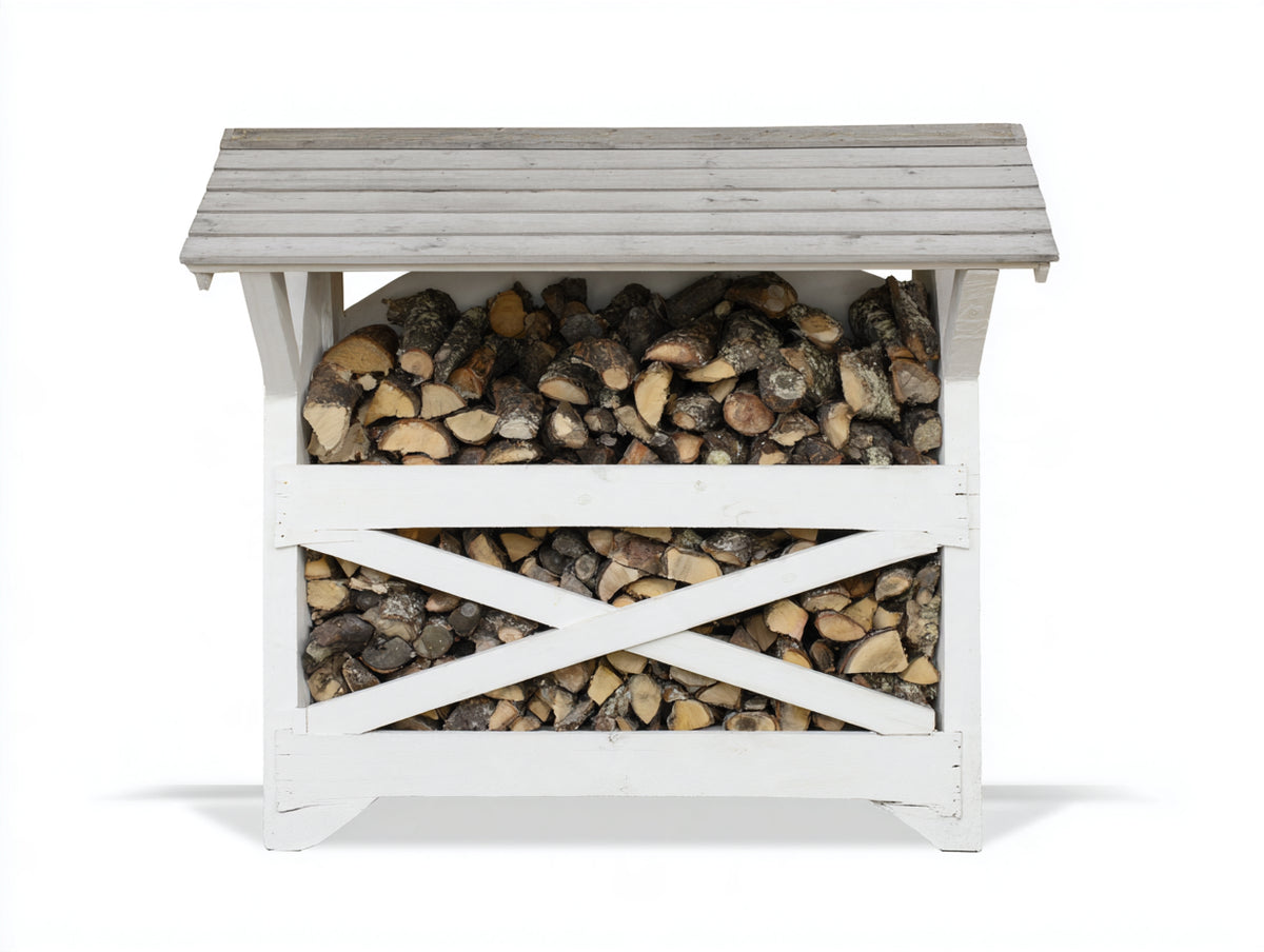 Leñero de exterior de madera 140x60x140 cm - blanco y gris envejecido - estructura abierta con cubierta inclinada