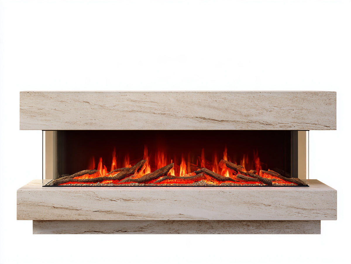 Chimenea eléctrica 140 x 40 x 80 cm - beige y negro - diseño panorámico moderno con efecto de llamas y troncos iluminados