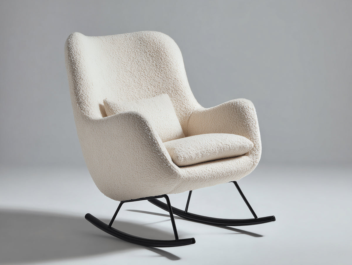 Mecedora tapizada de tela bouclé 82 x 94 x 100 cm - blanco roto y negro - respaldo alto con base curva de estilo moderno