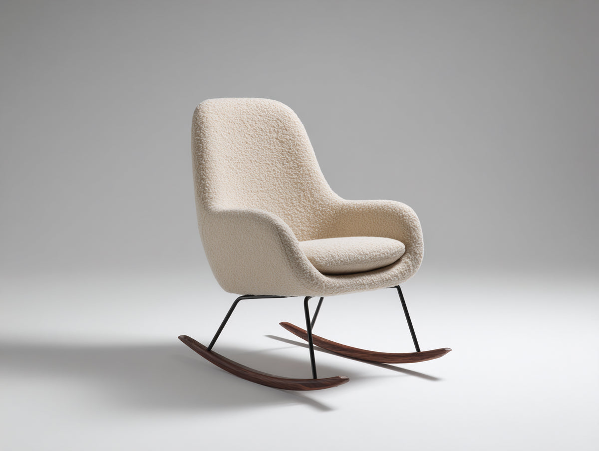 Mecedora tapizada 76 x 86 x 94 cm - beige y marrón - respaldo alto con base curva de madera