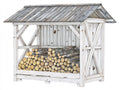 Leñero de exterior de madera 150x70x170 cm - Blanco envejecido y gris - cubierta inclinada y almacenamiento ventilado