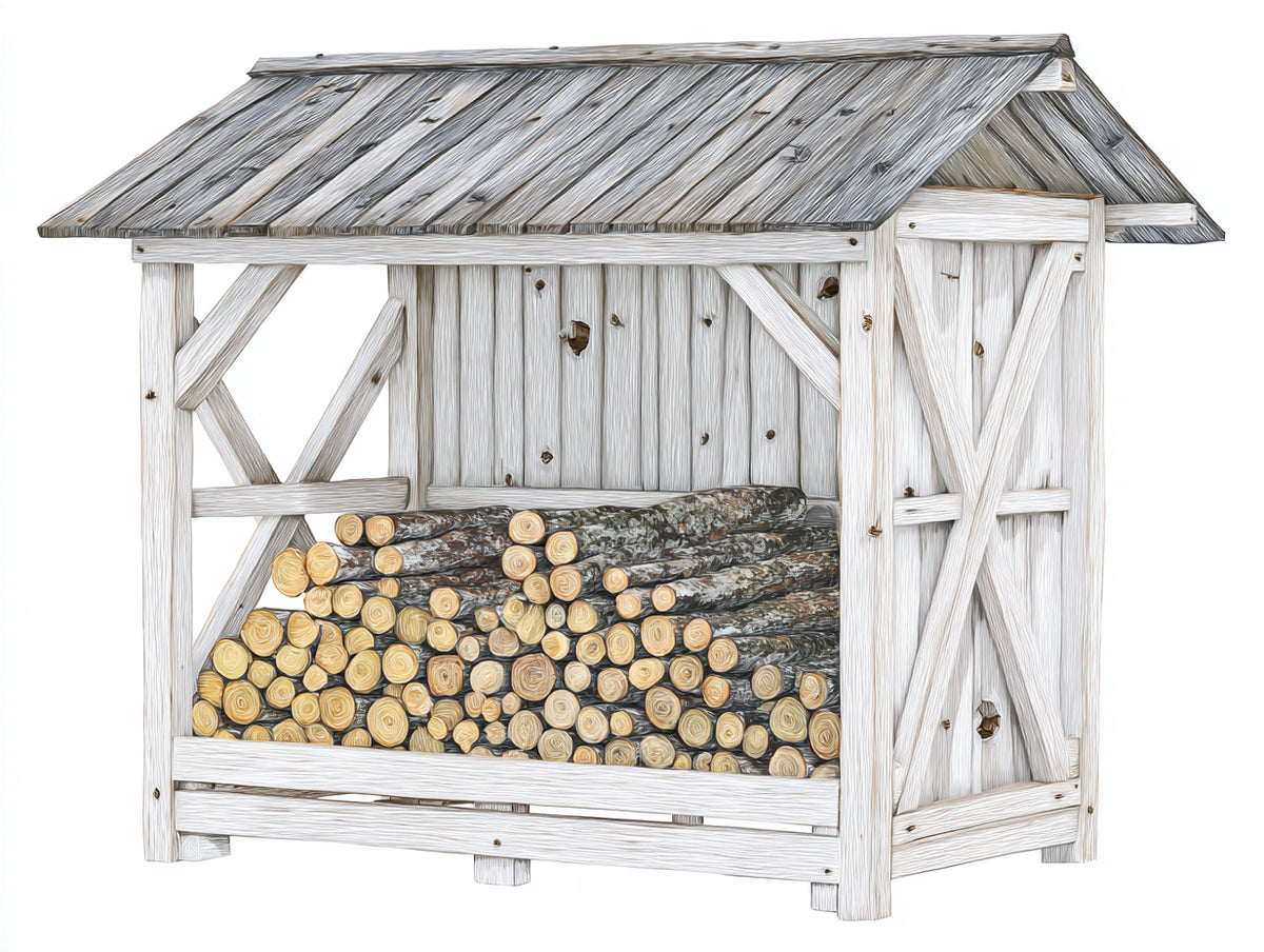 Leñero de exterior de madera 150x70x170 cm - Blanco envejecido y gris - cubierta inclinada y almacenamiento ventilado