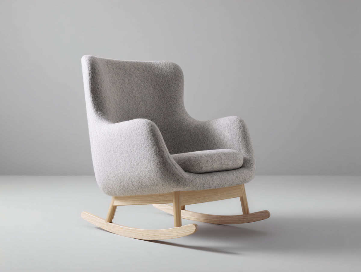 Mecedora tapizada 80 x 90 x 96 cm - gris y madera - respaldo alto con base curva de madera