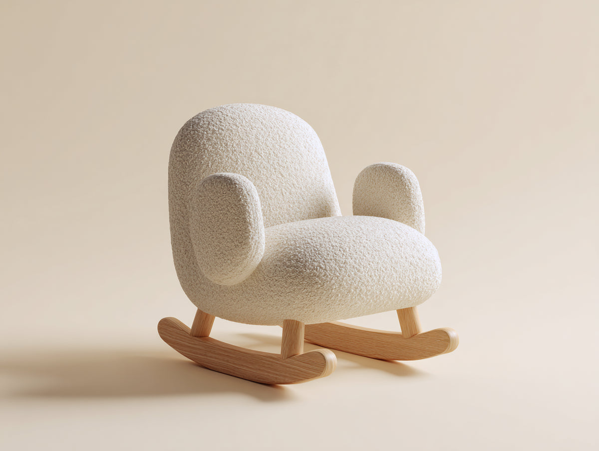 Mecedora tapizada en tejido bouclé 75x82x85 cm - beige claro y madera natural - diseño moderno con brazos envolventes