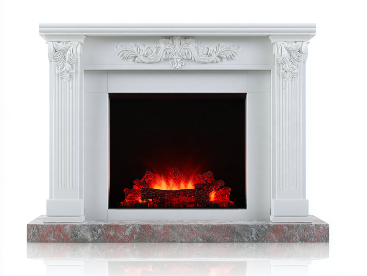 Chimenea eléctrica 115 x 35 x 105 cm - blanco y gris - diseño clásico con columnas decorativas y efecto de brasas