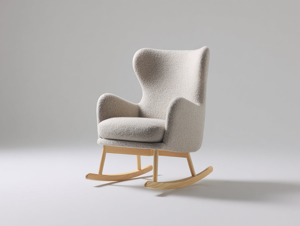 Mecedora tapizada en tejido bouclé 76x88x104 cm crema y roble natural - respaldo alto envolvente y base curva de madera