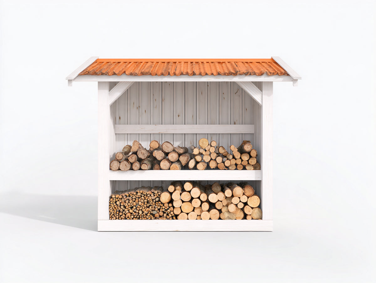 Leñero de exterior de madera 160 x 60 x 170 cm - blanco y terracota - estructura abierta con cubierta inclinada para almacenar leña