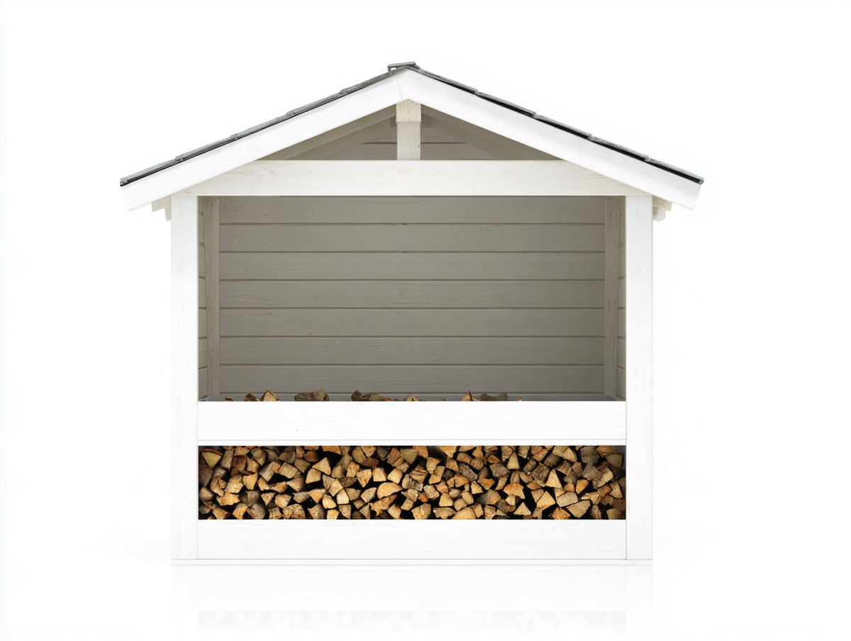 Leñero de exterior de madera 150 x 70 x 175 cm - blanco y gris oscuro - estructura abierta con cubierta a dos aguas para almacenar leña