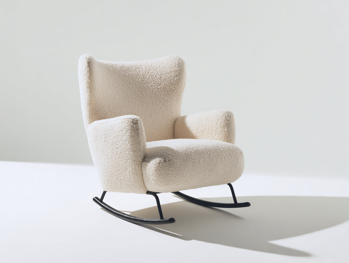 Mecedora tapizada en tejido bouclé 80x90x105 cm - Blanco crema y negro - respaldo alto y diseño moderno
