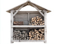Leñero de exterior de madera 160x60x180 cm - Gris envejecido - 4 compartimentos y cubierta a dos aguas