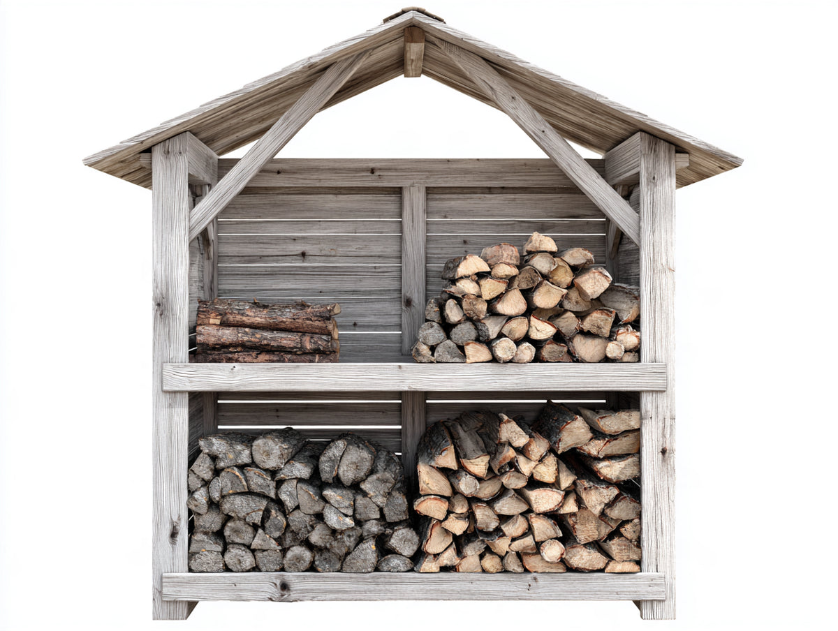 Leñero de exterior de madera 160x60x180 cm - Gris envejecido - 4 compartimentos y cubierta a dos aguas