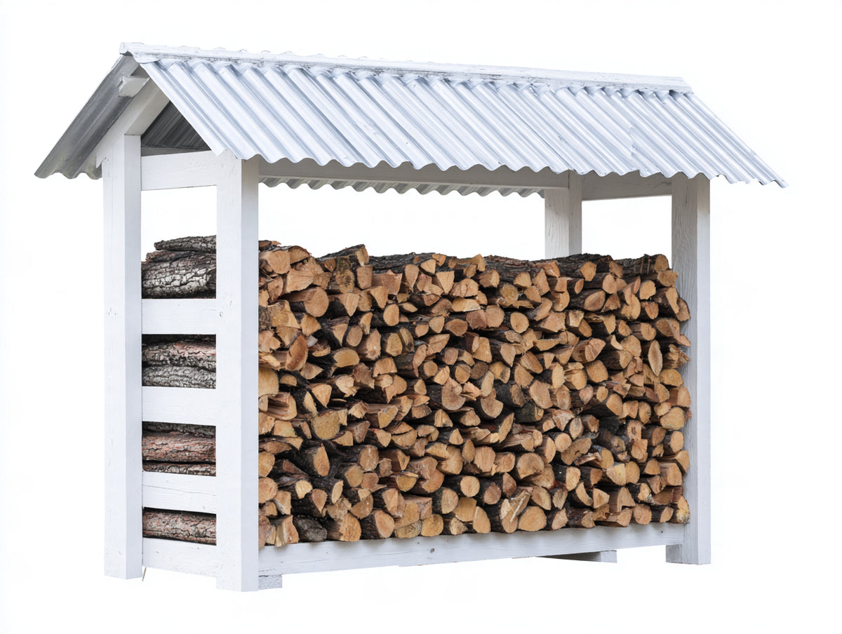 Leñero de exterior de madera 180x80x180 cm - Blanco y gris claro - cubierta a dos aguas y almacenamiento ventilado
