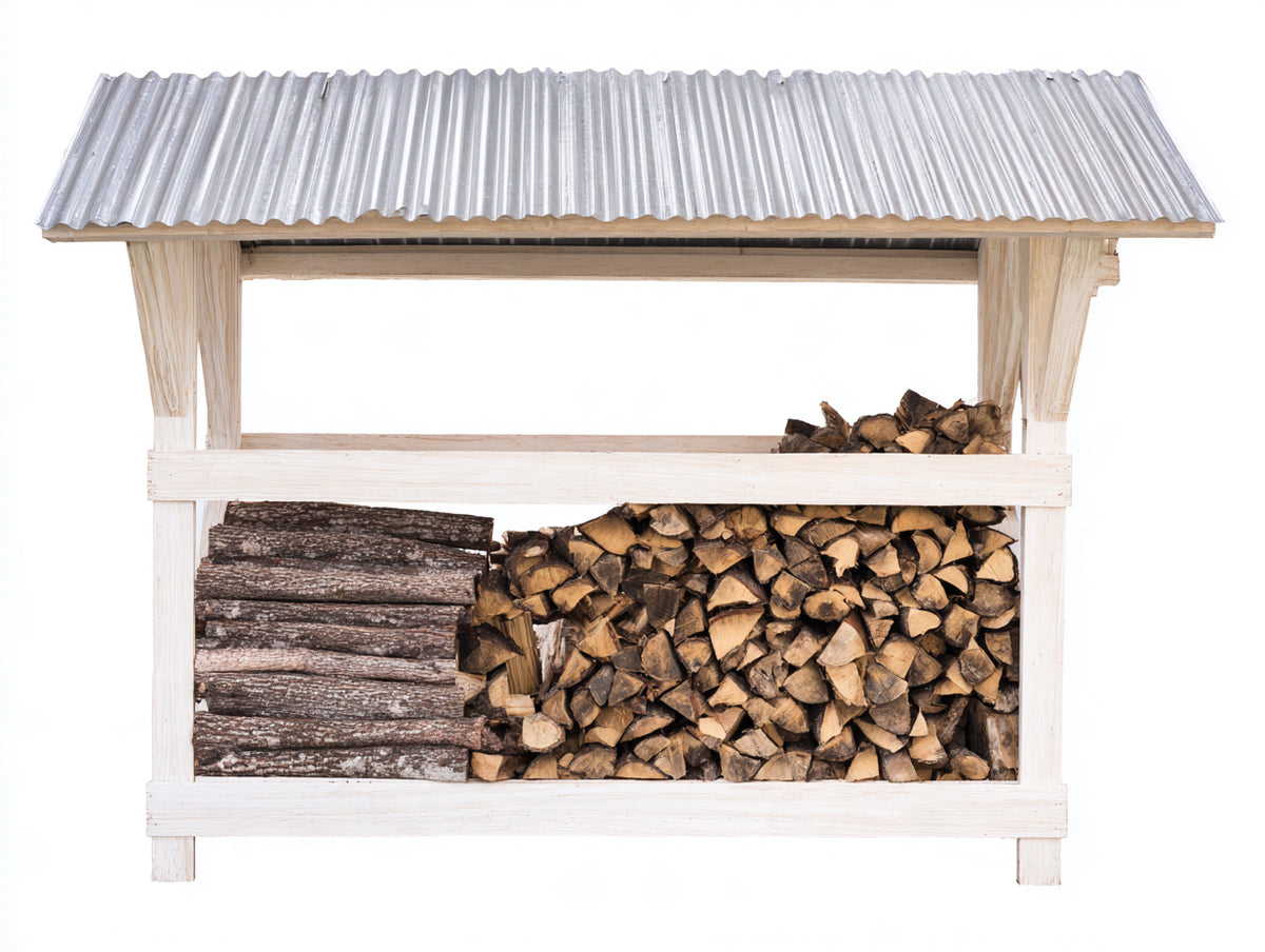 Leñero de exterior de madera 160x55x150 cm blanco y natural - cubierta metálica inclinada y almacenamiento abierto