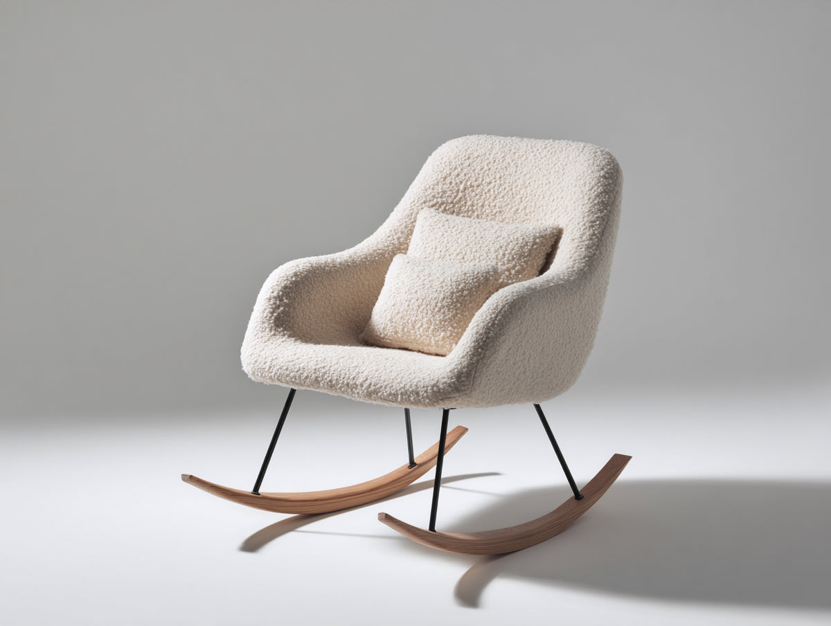 Mecedora tapizada en tejido bouclé 75x85x90 cm - Blanco crema y madera natural - base metálica y diseño moderno