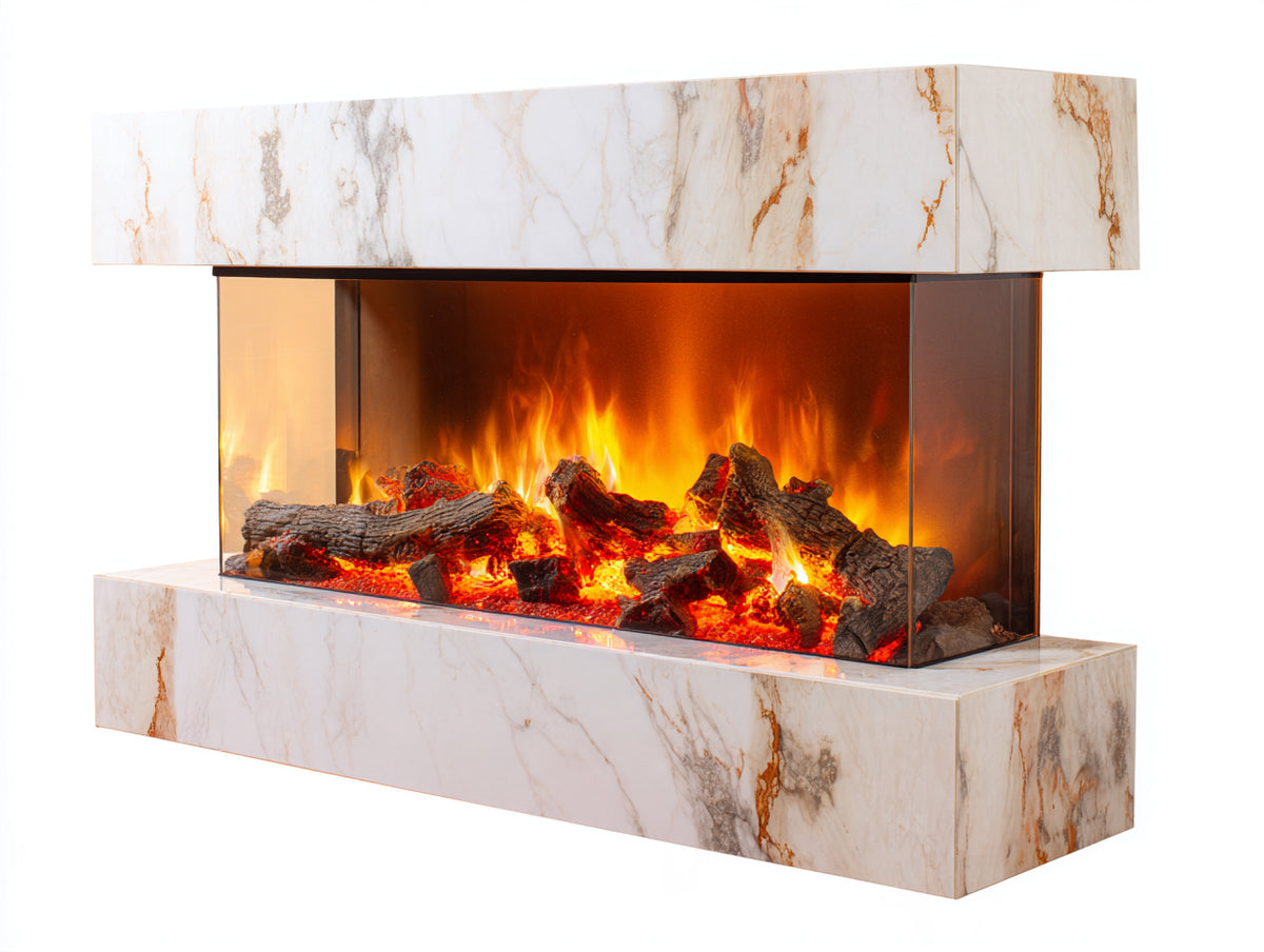 Chimenea con revestimiento efecto mármol 160x45x110 cm - Blanco y negro - efecto de llama y diseño moderno
