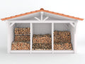 Leñero de exterior de madera 240 x 70 x 190 cm - blanco y terracota - 3 compartimentos con cubierta a dos aguas