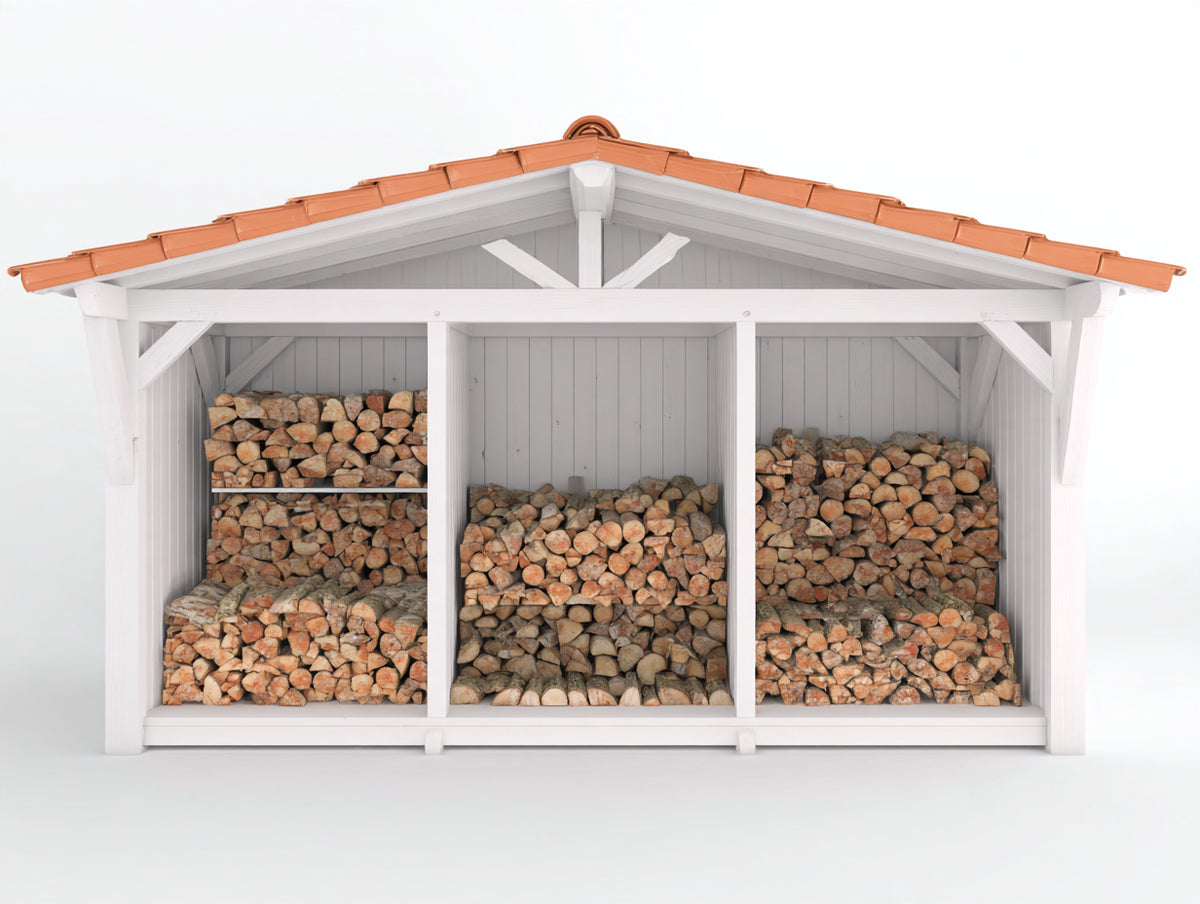 Leñero de exterior de madera 240 x 70 x 190 cm - blanco y terracota - 3 compartimentos con cubierta a dos aguas